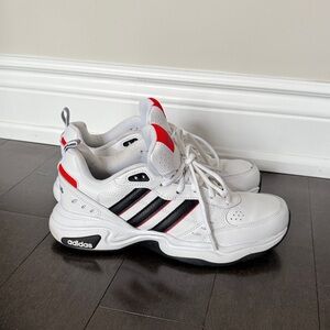 Adidas White Sneakers with Black Stripes and Red Highlights